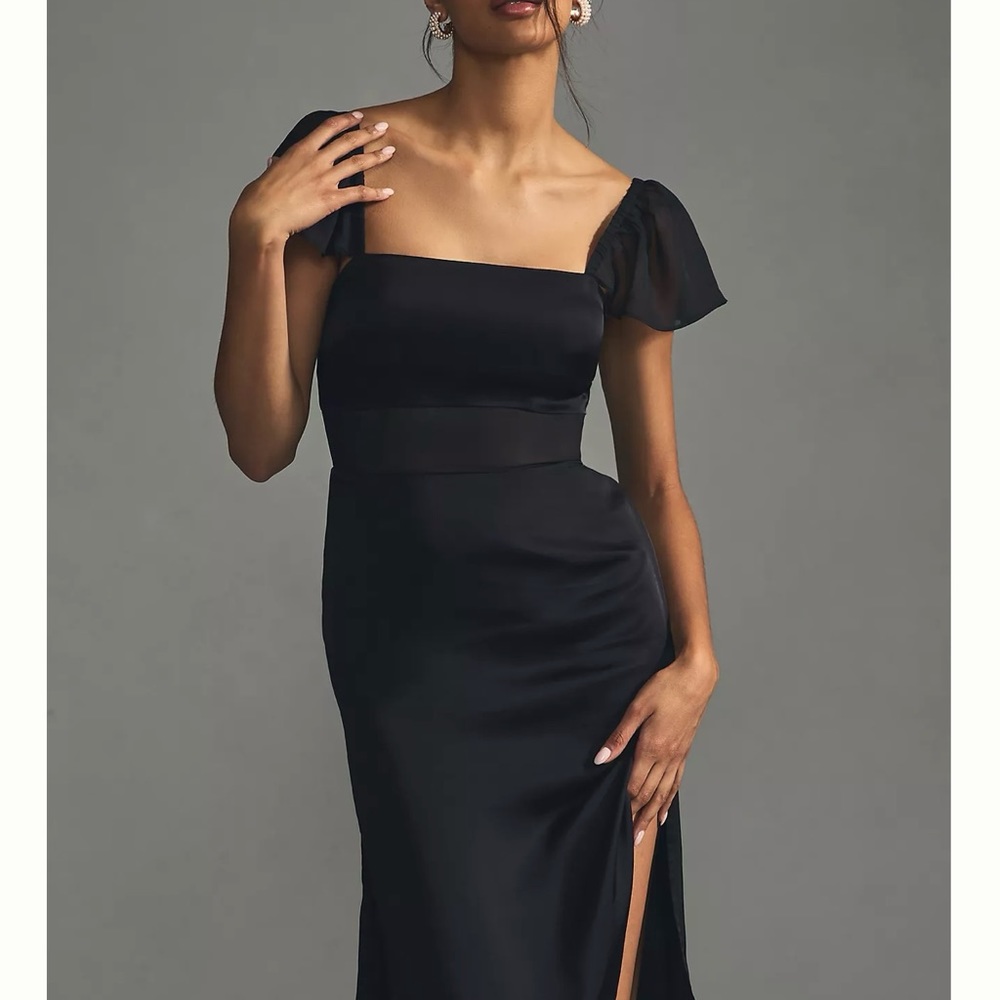 BY ANTHROPOLOGIE FLUTTER-SLEEVE SATIN SHEATH DRESS